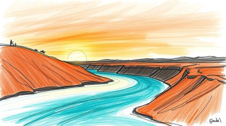 This artwork showcases a hand-drawn sketch of a winding river bathed in the warm glow of a dramatic orange-pink sky. The comp