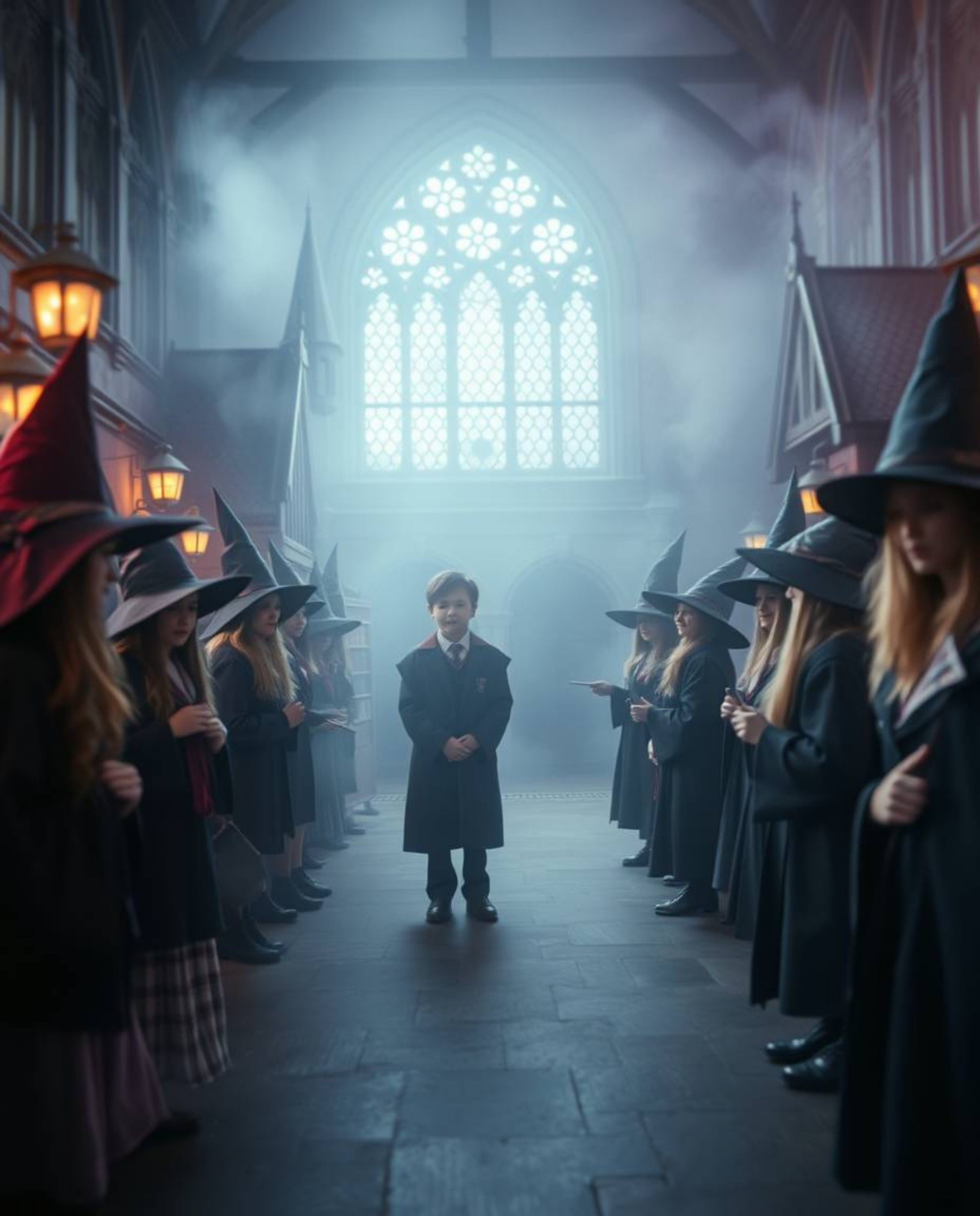 Immerse yourself in a captivating soft-focus image showcasing a magical school teeming with young wizards. The scene is bathe