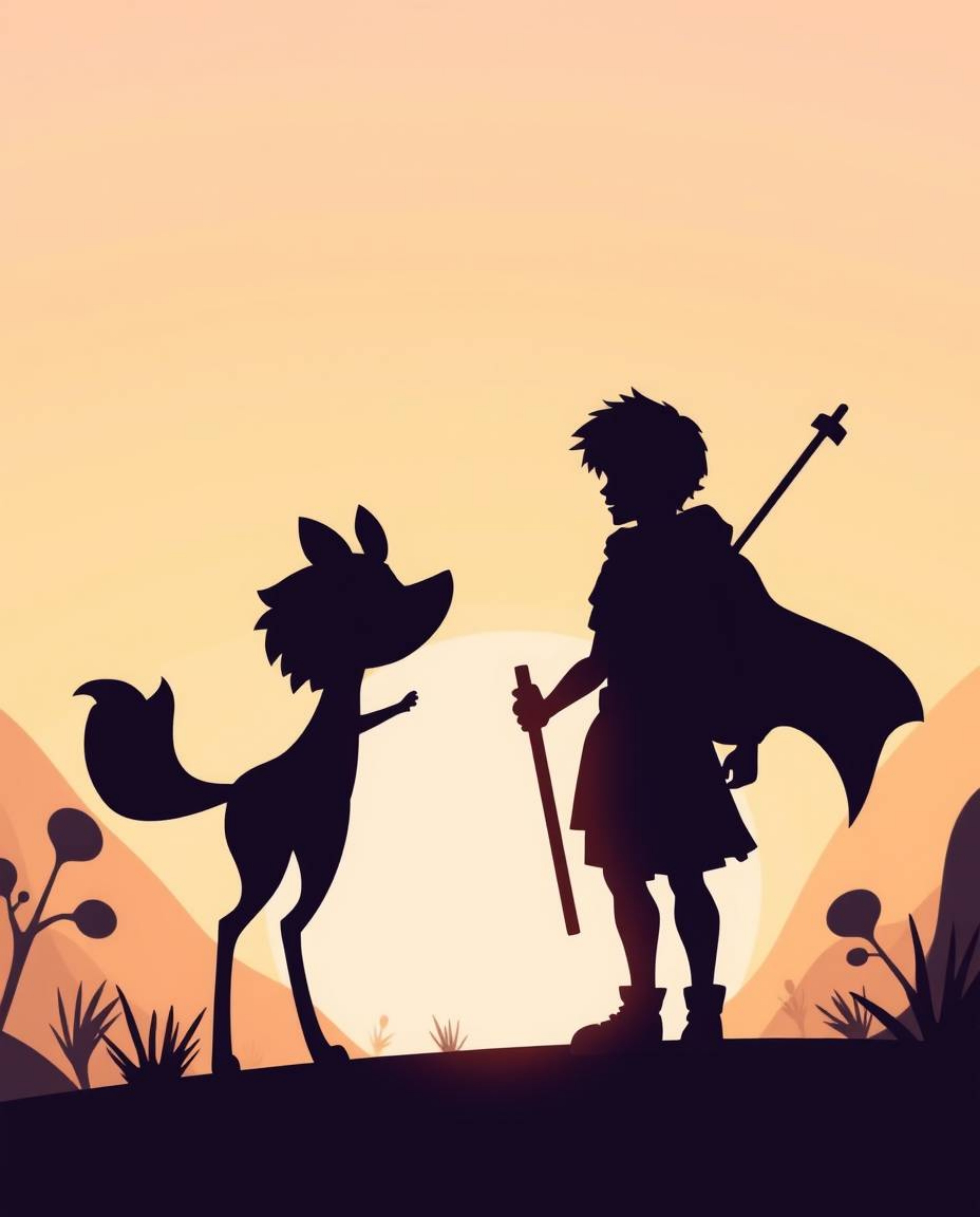 A captivating illustration depicts a hero and their talking animal sidekick embarking on a journey. Silhouetted against a sof