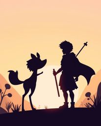 A captivating illustration depicts a hero and their talking animal sidekick embarking on a journey. Silhouetted against a sof