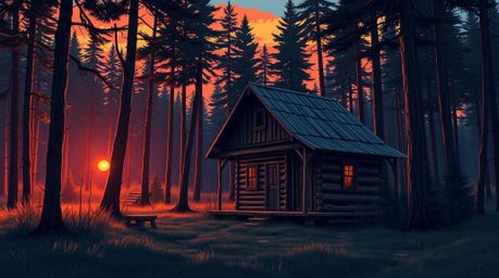 A captivating cinematic illustration showcases an old wooden cabin nestled in a vibrant forest at sunset. The artwork utilize