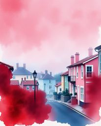 A sophisticated and elegant watercolor painting captures a sleepy town shrouded in thick fog.  Pastel-colored houses peek thr