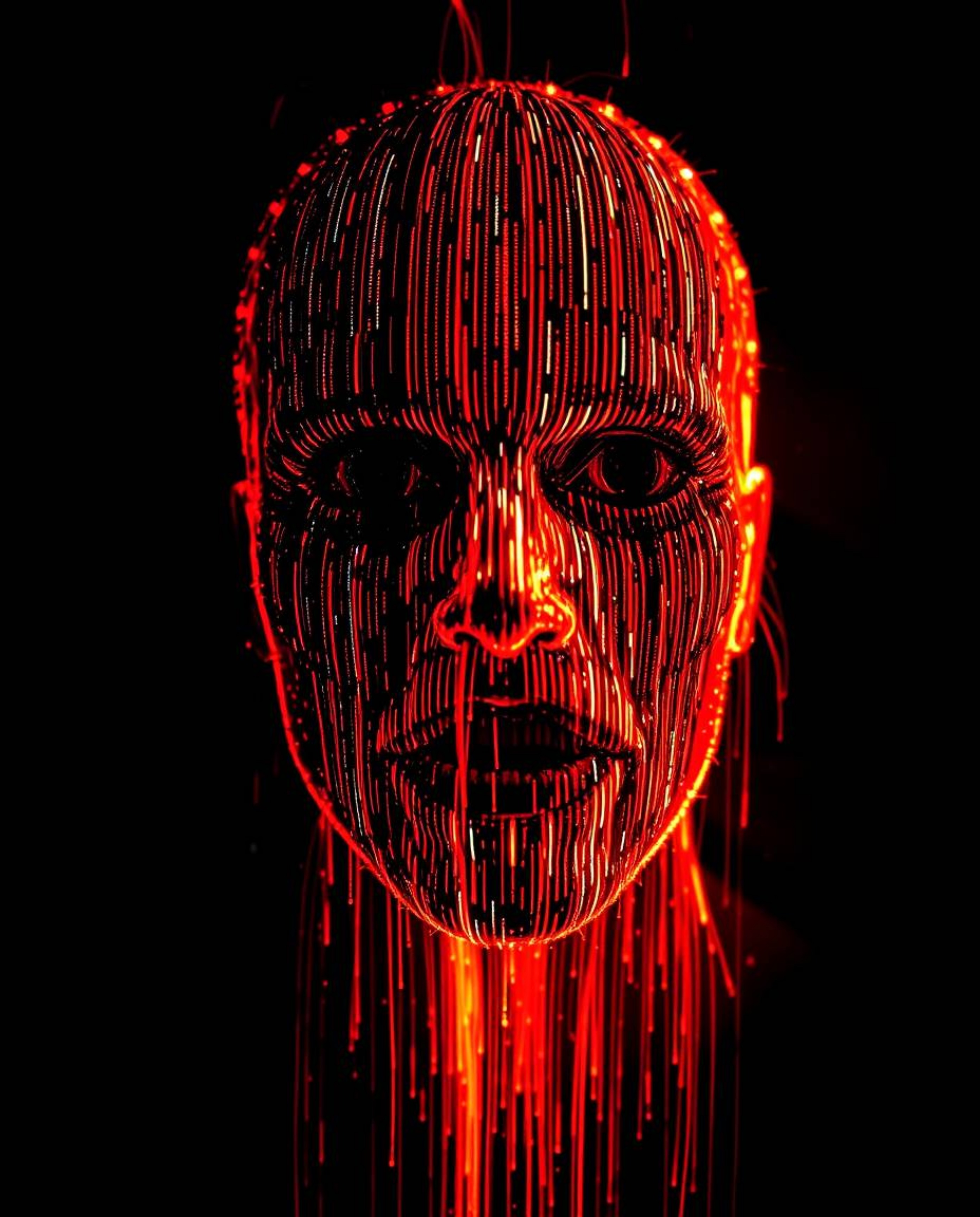 This captivating light art piece portrays a human face undergoing a surreal transformation into a data stream via a digital g