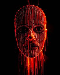 This captivating light art piece portrays a human face undergoing a surreal transformation into a data stream via a digital g