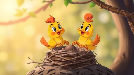 This high-resolution stock photo features two charming cartoon birds diligently building a nest in a classic animation style.