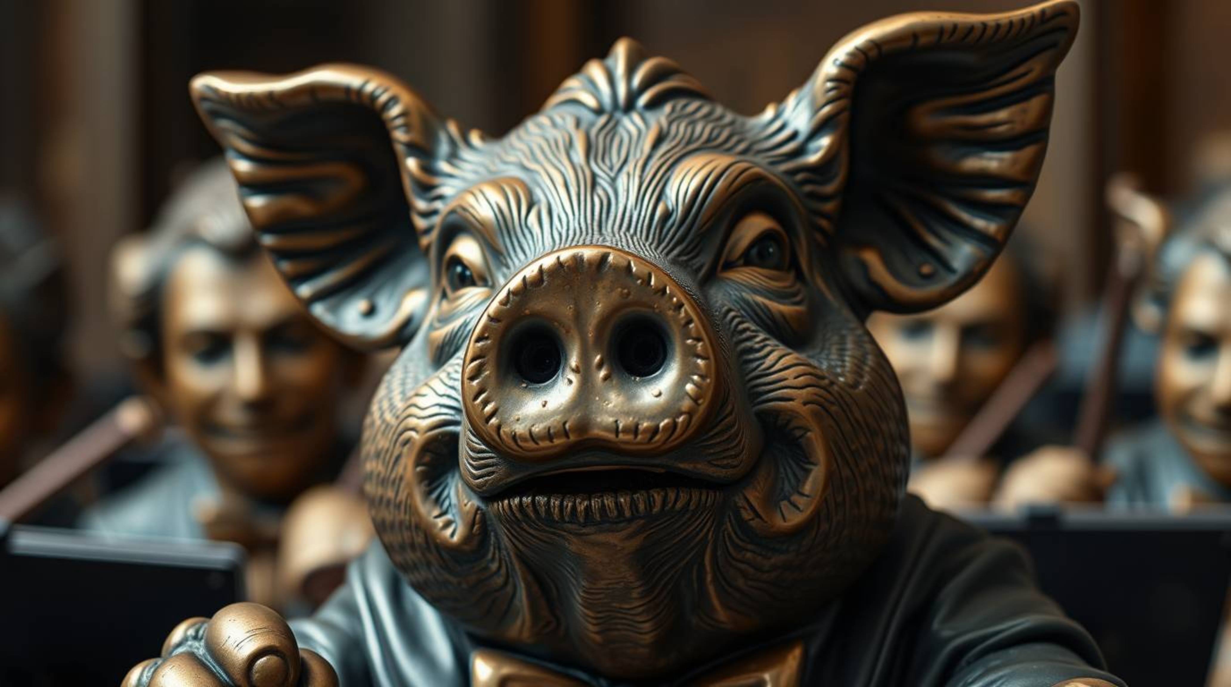 A captivating close-up reveals a cast bronze pig meticulously conducting an orchestra.  The detailed texture and antique pati