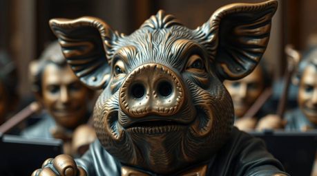 A captivating close-up reveals a cast bronze pig meticulously conducting an orchestra.  The detailed texture and antique pati