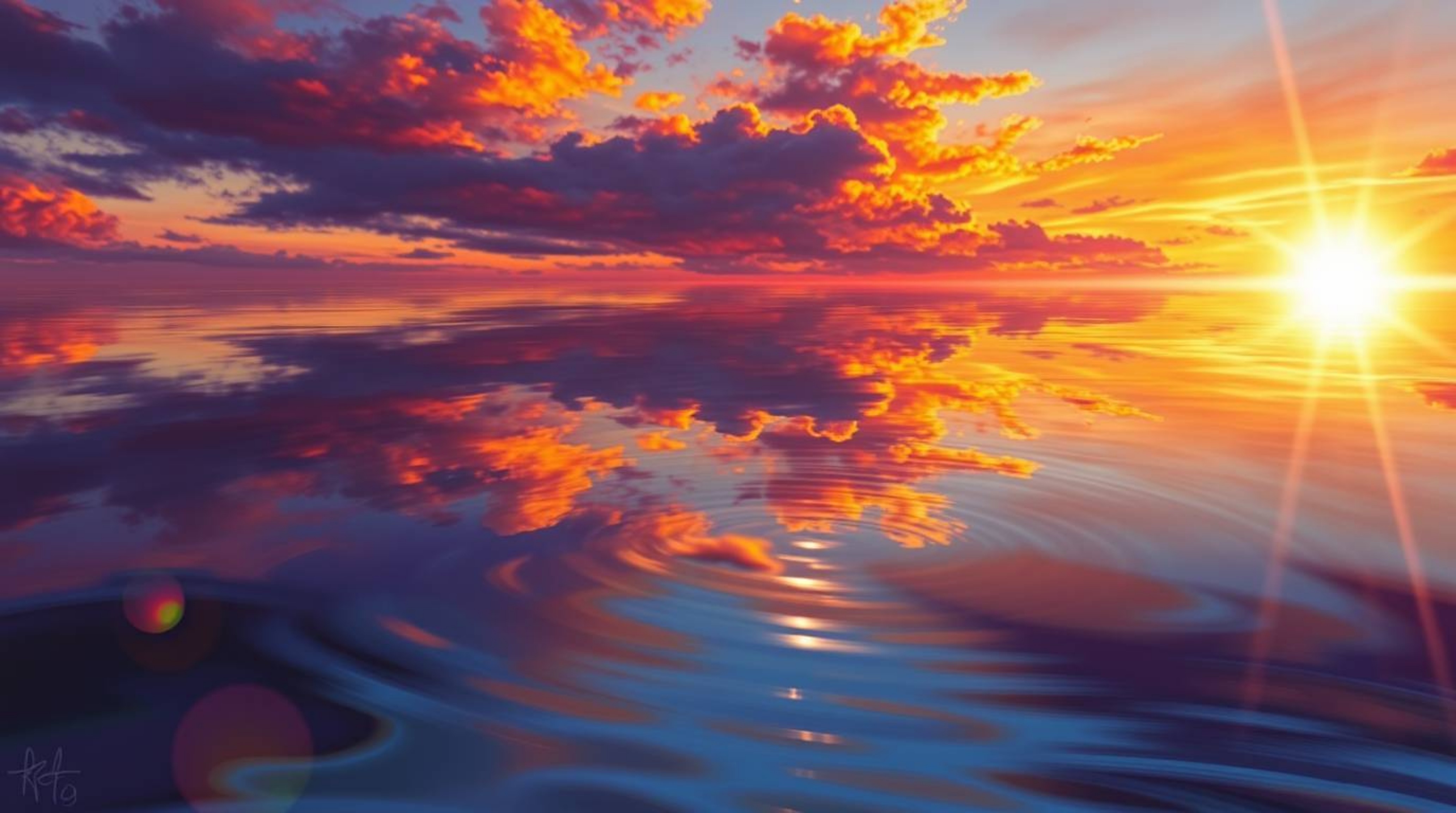 A captivating digital painting depicting the graceful reflection of a colorful sunset in a calm pond.  The artwork features b