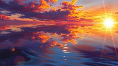 A captivating digital painting depicting the graceful reflection of a colorful sunset in a calm pond.  The artwork features b