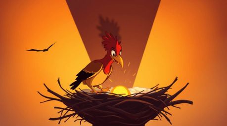 A captivating illustration in classic animation style depicts two cartoon birds diligently constructing a nest. Intense dram