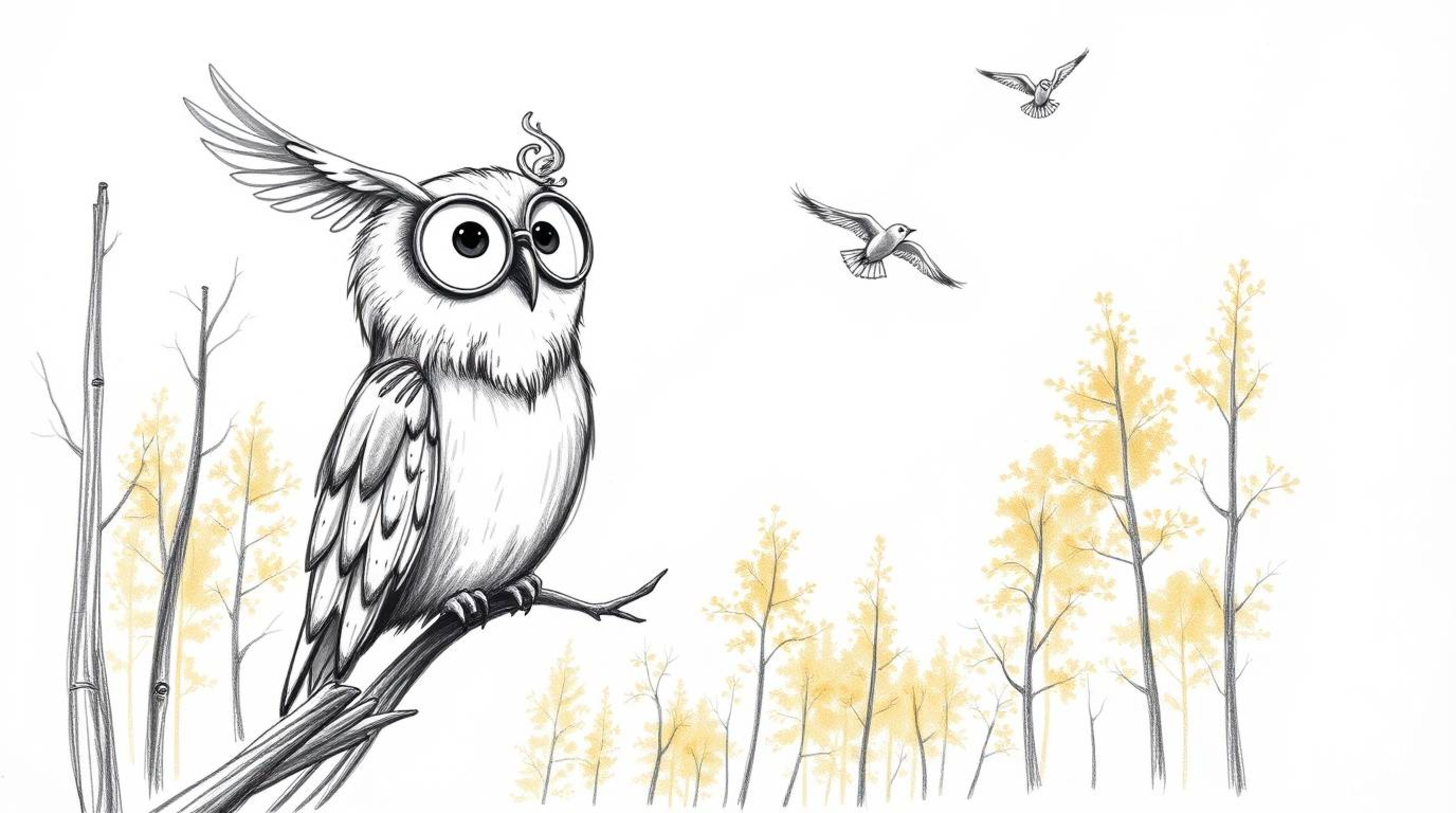 A charming hand-drawn sketch in the style of Pixar, depicting a blind owl with large round spectacles patiently teaching bird