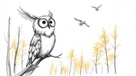 A charming hand-drawn sketch in the style of Pixar, depicting a blind owl with large round spectacles patiently teaching bird