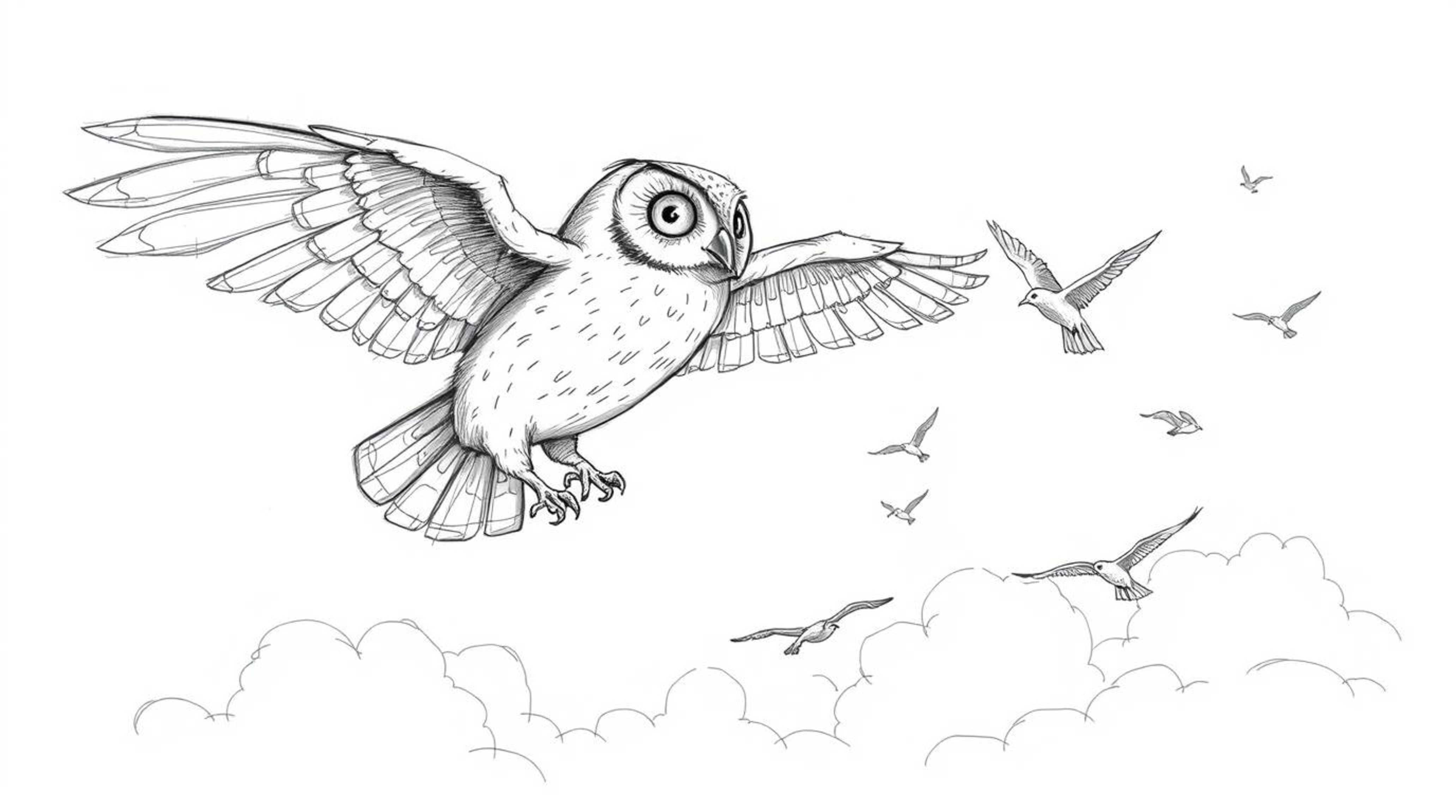 A charming hand-drawn sketch depicts a blind owl gracefully soaring above puffy white clouds, embodying the heartwarming conc