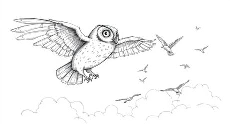 A charming hand-drawn sketch depicts a blind owl gracefully soaring above puffy white clouds, embodying the heartwarming conc