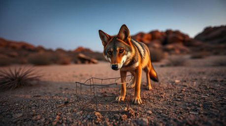 A captivating low-angle perspective captures a coyote diligently setting up a comical trap in the arid desert landscape. The 