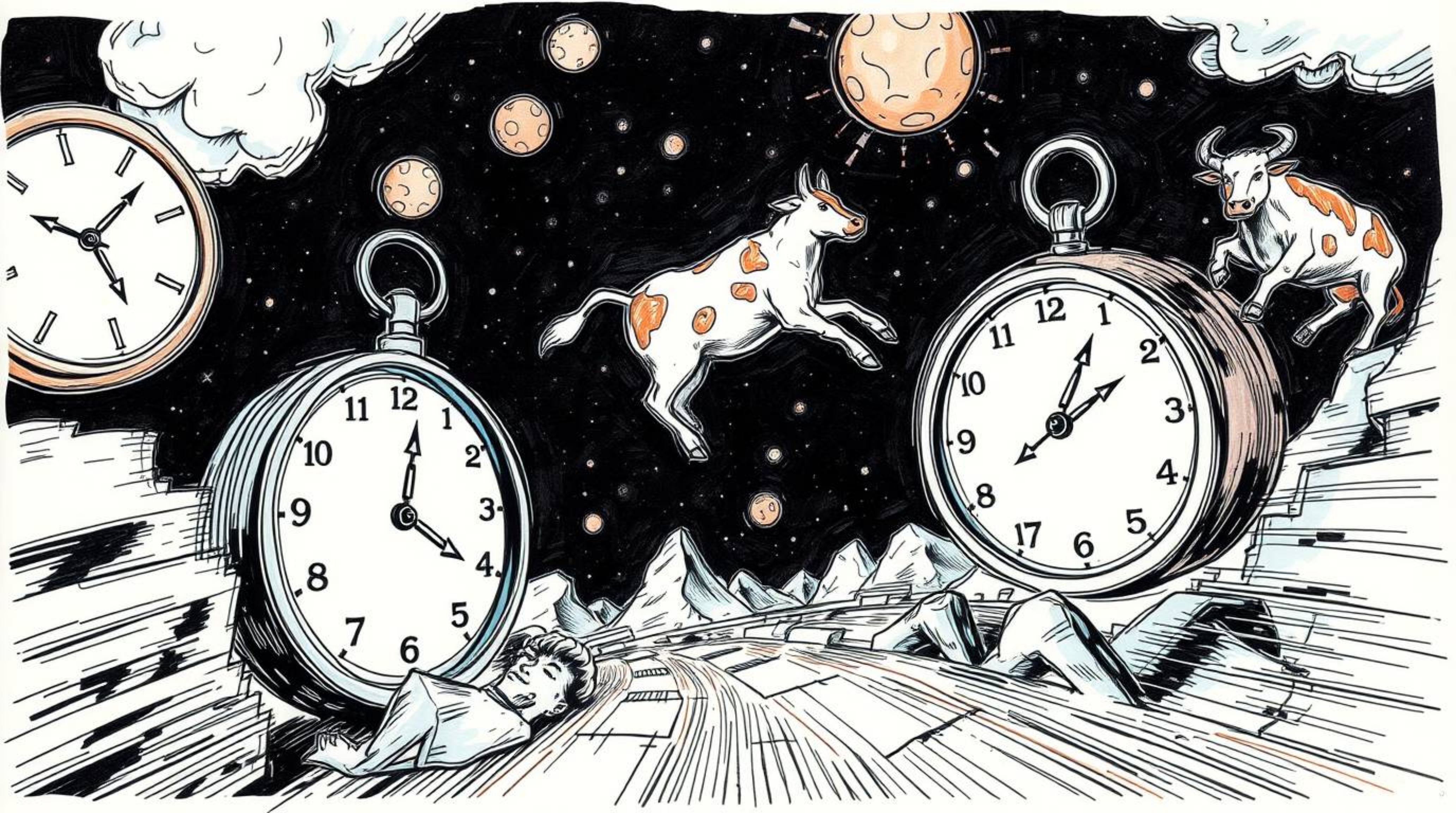 A captivating hand-drawn sketch in a dynamic, color sketchnote style depicts a surreal dreamscape.  Melting clocks and floati