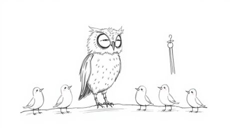 A heartwarming hand-drawn sketch in the style of Pixar depicts a blind owl with soft, downy feathers ingeniously teaching a f