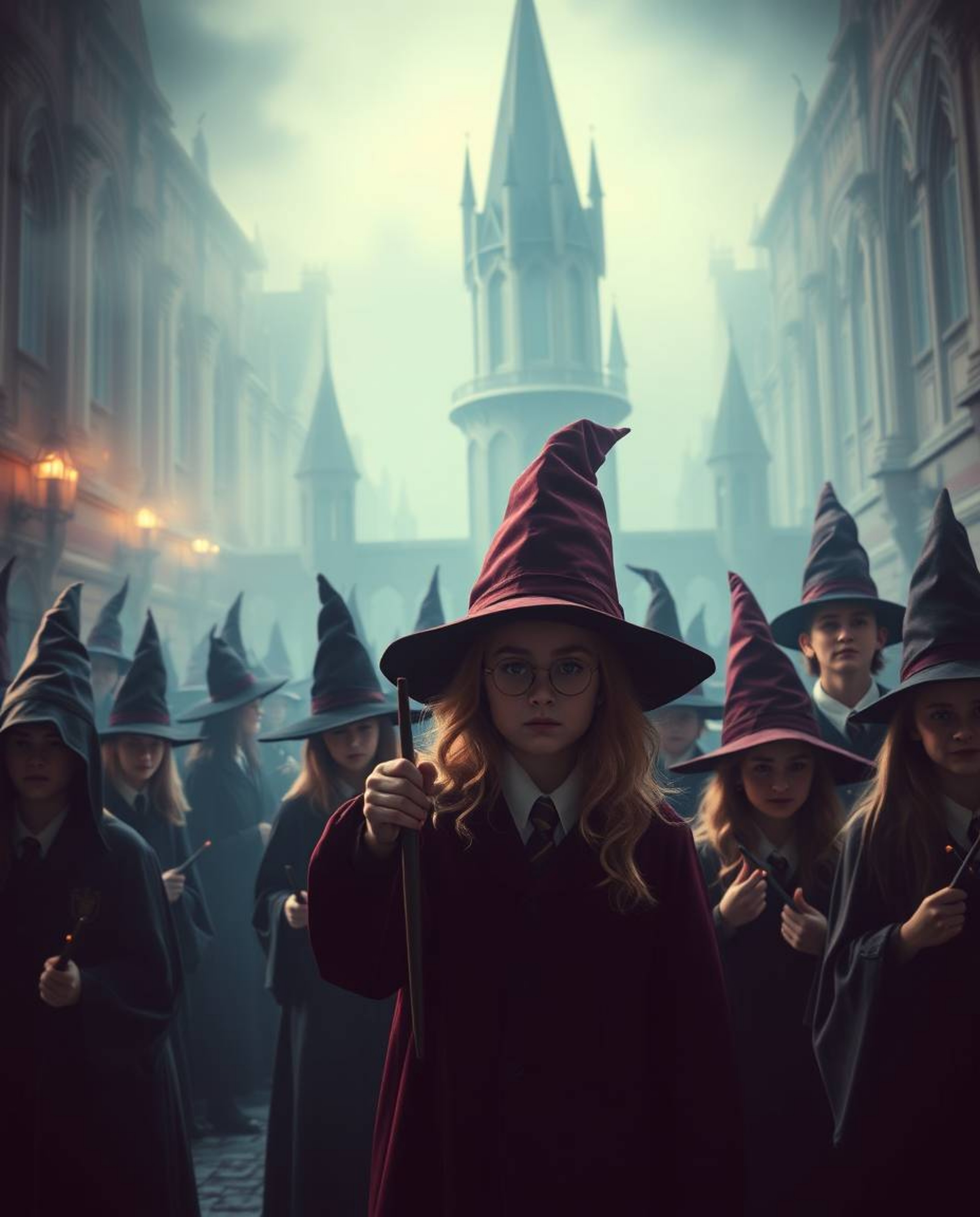 Discover a captivating depiction of a magical school brimming with young wizards. Rendered in a sophisticated, elegant style
