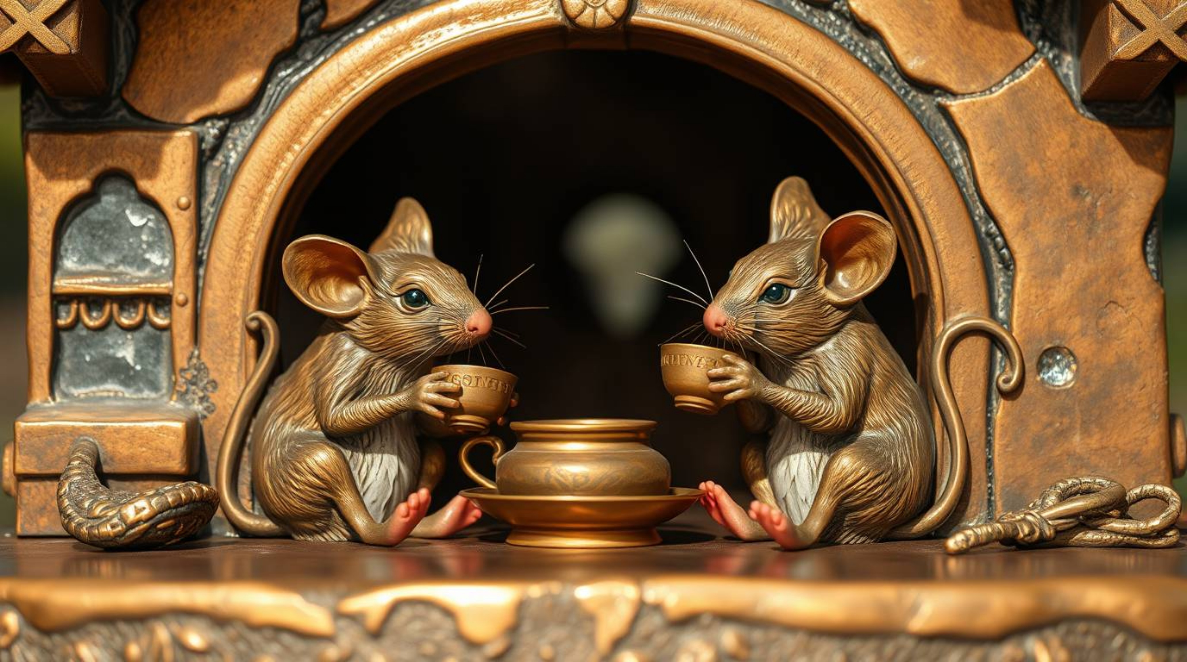 Immerse yourself in a whimsical scene of anthropomorphic mice enjoying tea within a cozy cottage.  Captured with a cast bronz
