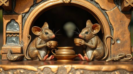 Immerse yourself in a whimsical scene of anthropomorphic mice enjoying tea within a cozy cottage.  Captured with a cast bronz