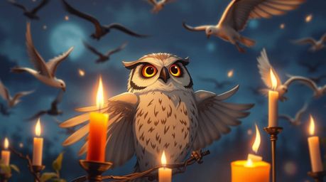 This captivating scene depicts a blind owl in an Isekai anime style, reminiscent of Pixar's animation.  The owl, despite its 