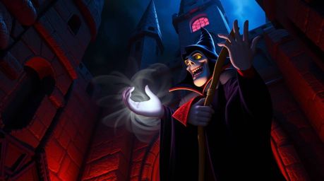 A classic Disney villain cloaked in dark clothing casts a powerful spell within the ancient stone walls of a castle. The scen