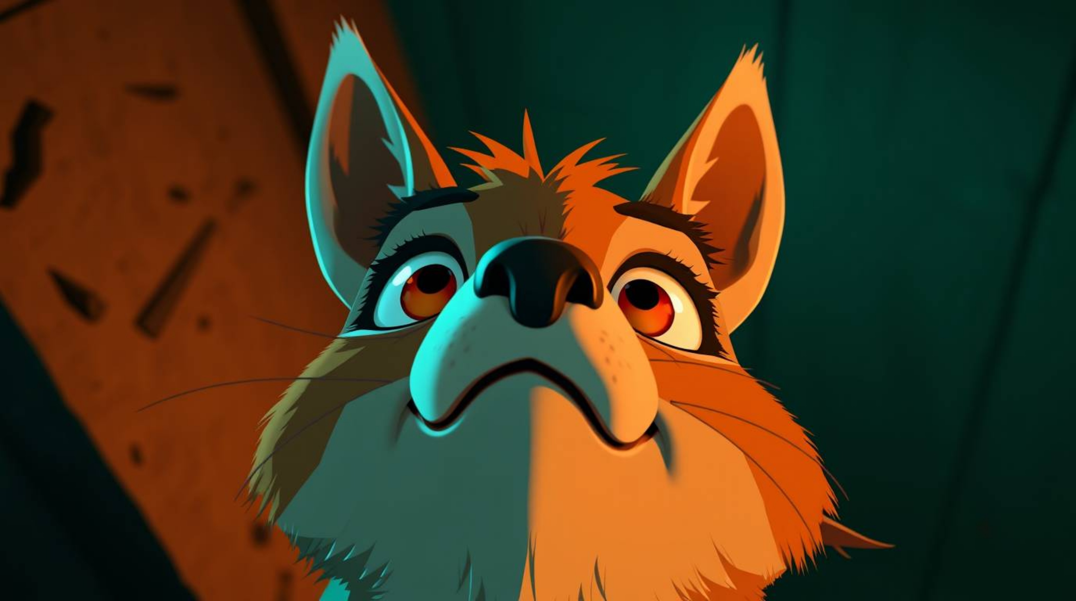 This artwork features a captivating low-angle perspective of a sarcastic animal sidekick with remarkably expressive eyes.  Th