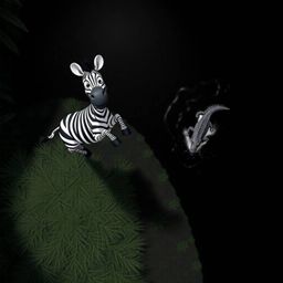 An overhead bird's-eye view showcases a striking jet-black 3D cartoon scene. A zebra with large, expressive eyes leaps joyful