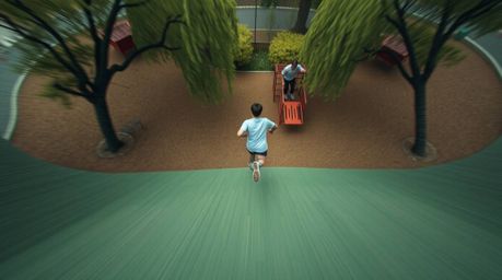 Experience a breathtaking high-angle, slow-motion view of a runner traversing a playground.  The dramatic footage emphasizes 