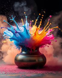 A vibrant and dynamic scene captured with a high-speed camera, showcasing a colorful paint splash suspended in mid-air. The i