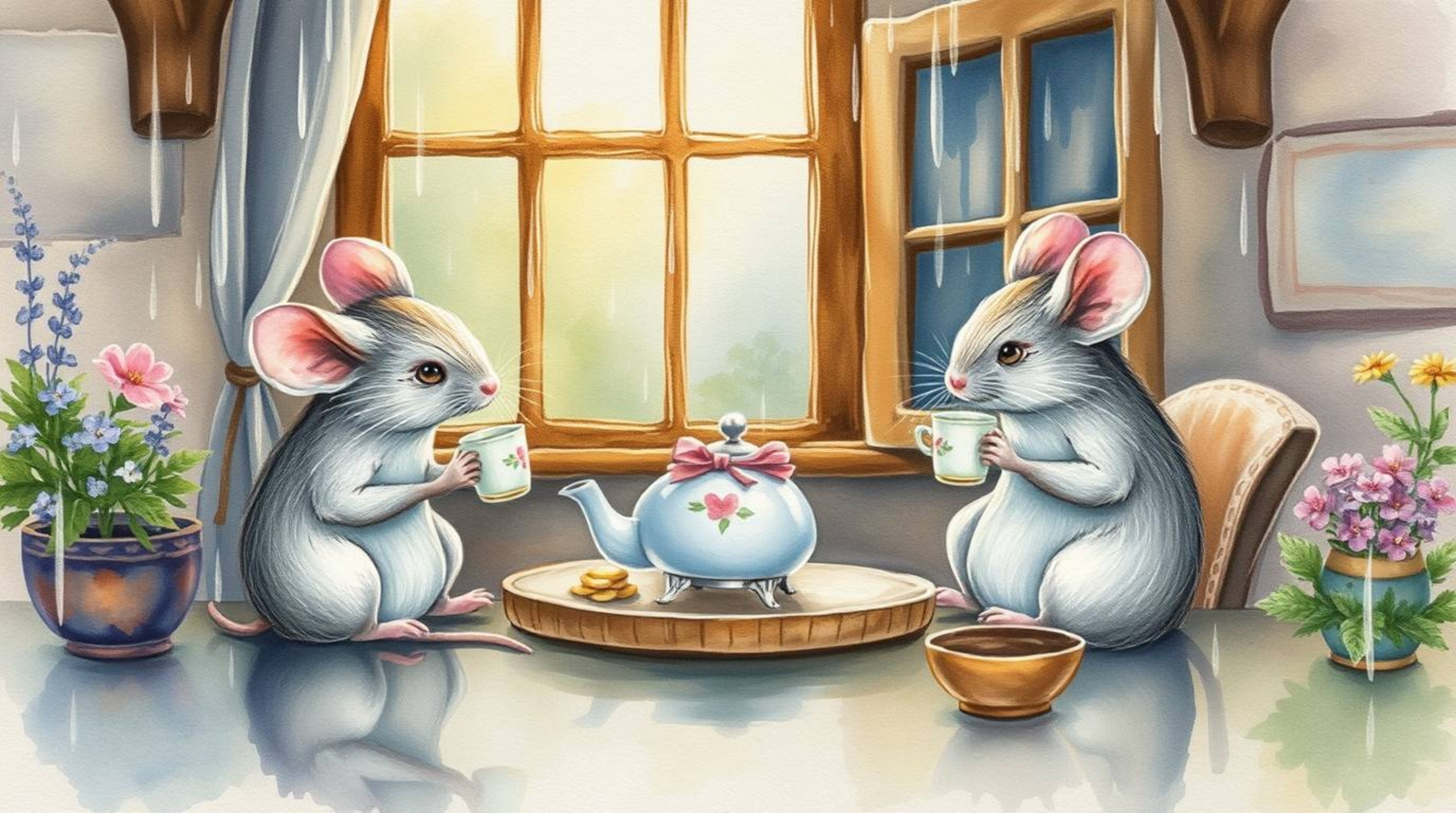 A charming watercolor painting depicts anthropomorphic mice enjoying a tea party in a cozy cottage during a gentle rain.  Sof