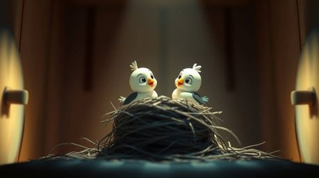 A delightful animation featuring two cartoon birds diligently building a nest, rendered in soft pastel colors and dramatic ci