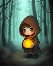 An adorable, cute cloaked figure stands in a misty forest, holding a glowing orb that illuminates the scene. The artwork feat
