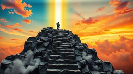 A lone figure ascends a weathered stone staircase, drawn towards a radiant beam of divine light piercing through a smoky suns