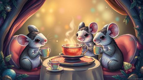A captivating illustration depicts anthropomorphic mice engaged in a delightful tea party within a cozy cottage.  Rendered in