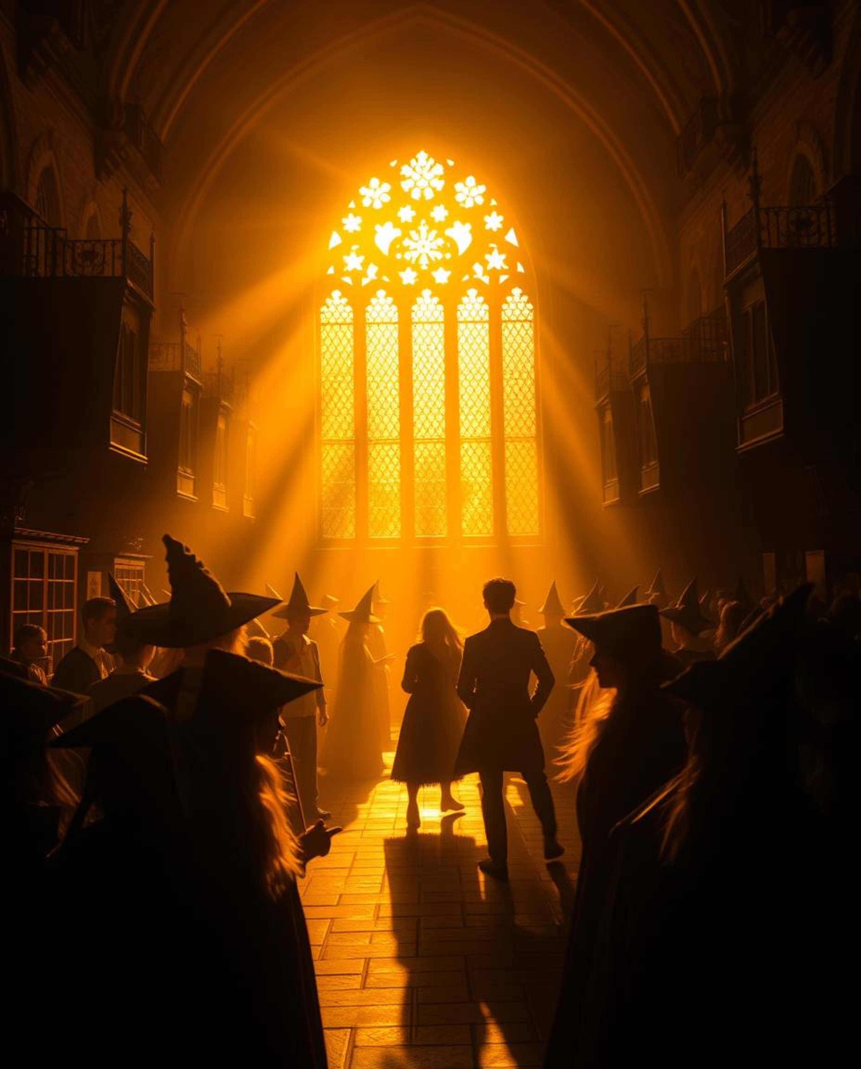 Experience the enchanting allure of a magical school bathed in the warm, golden light of the golden hour. Young wizards navig