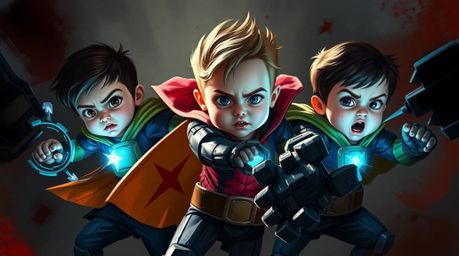 A captivating digital painting showcases three charming, superpowered children with unique features engaging in an epic battl