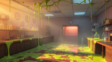 Explore a mesmerizing volumetric lighting rendering of a slime-covered science lab, where smooth gradient transitions create 