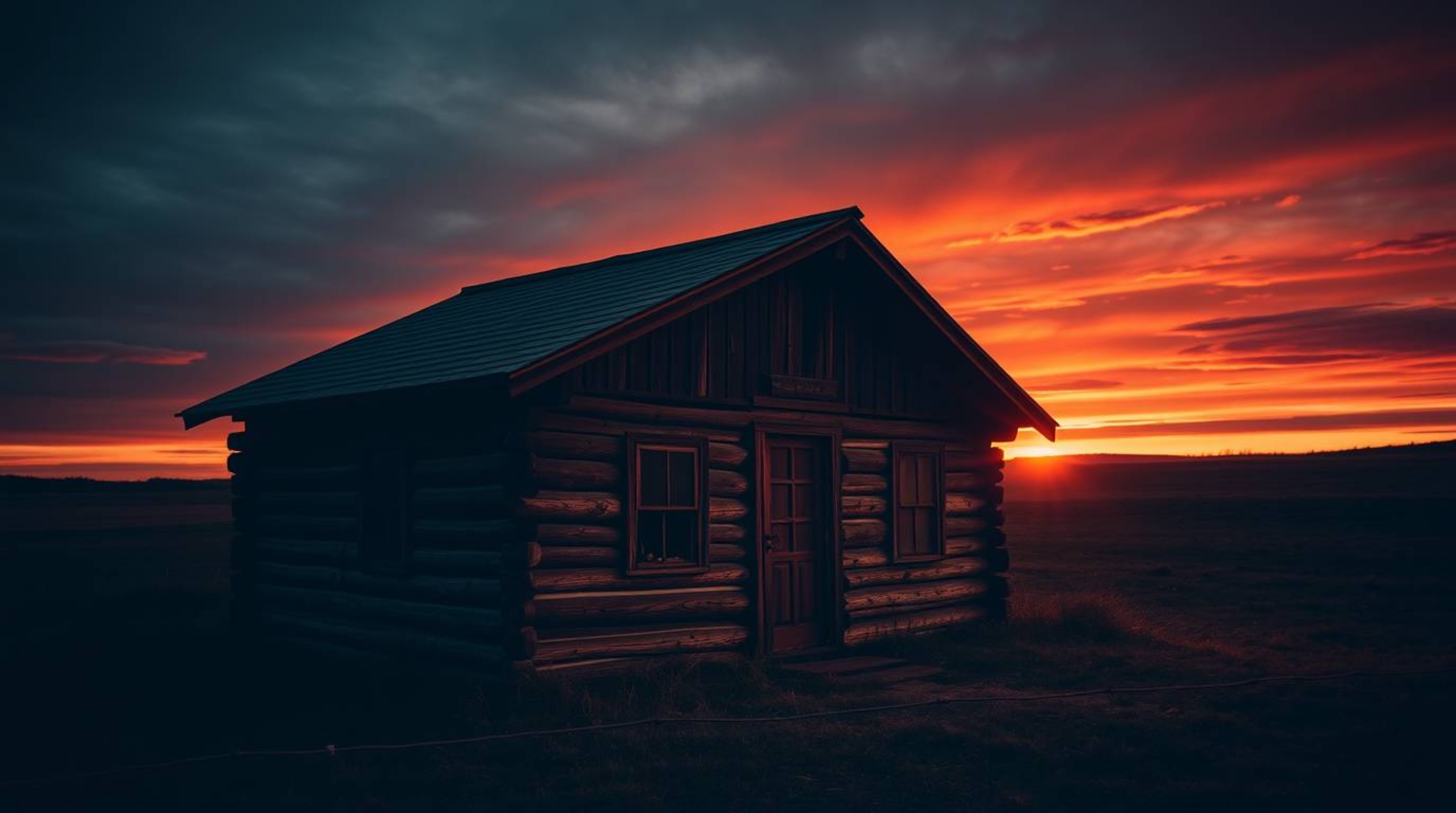 A stunning high-contrast, low-key photograph capturing the serene beauty of an old wooden cabin at sunset. Deep shadows and d