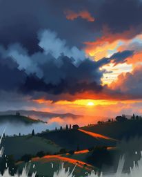 This is a dynamic digital sketch capturing a sunset over the misty, rolling hills of Tuscany, set against a backdrop of inten