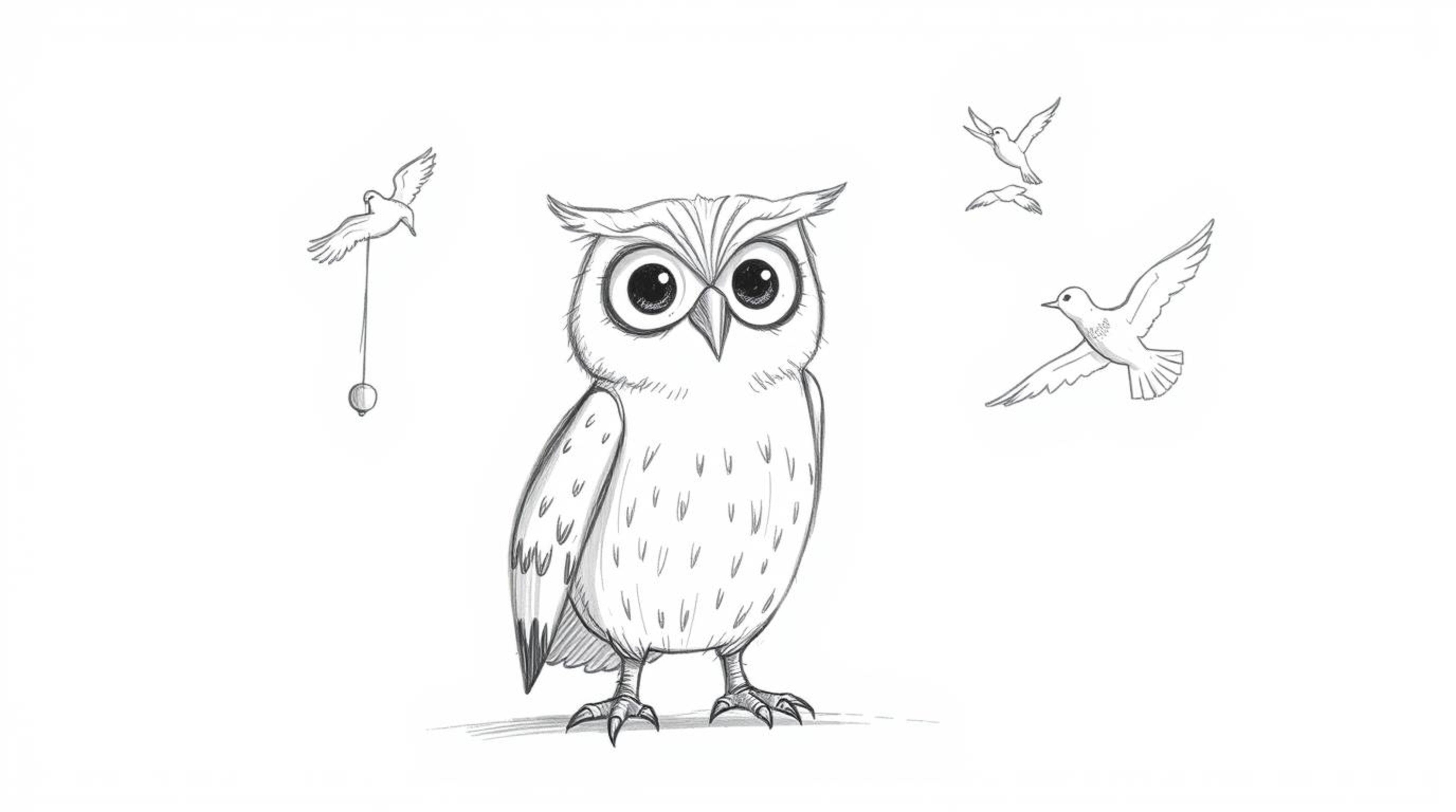 A hand-drawn sketch reminiscent of Pixar's style showcases a blind owl with softly textured pencil strokes on a clean white b