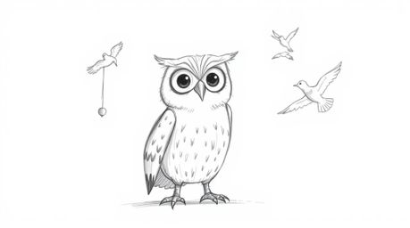 A hand-drawn sketch reminiscent of Pixar's style showcases a blind owl with softly textured pencil strokes on a clean white b