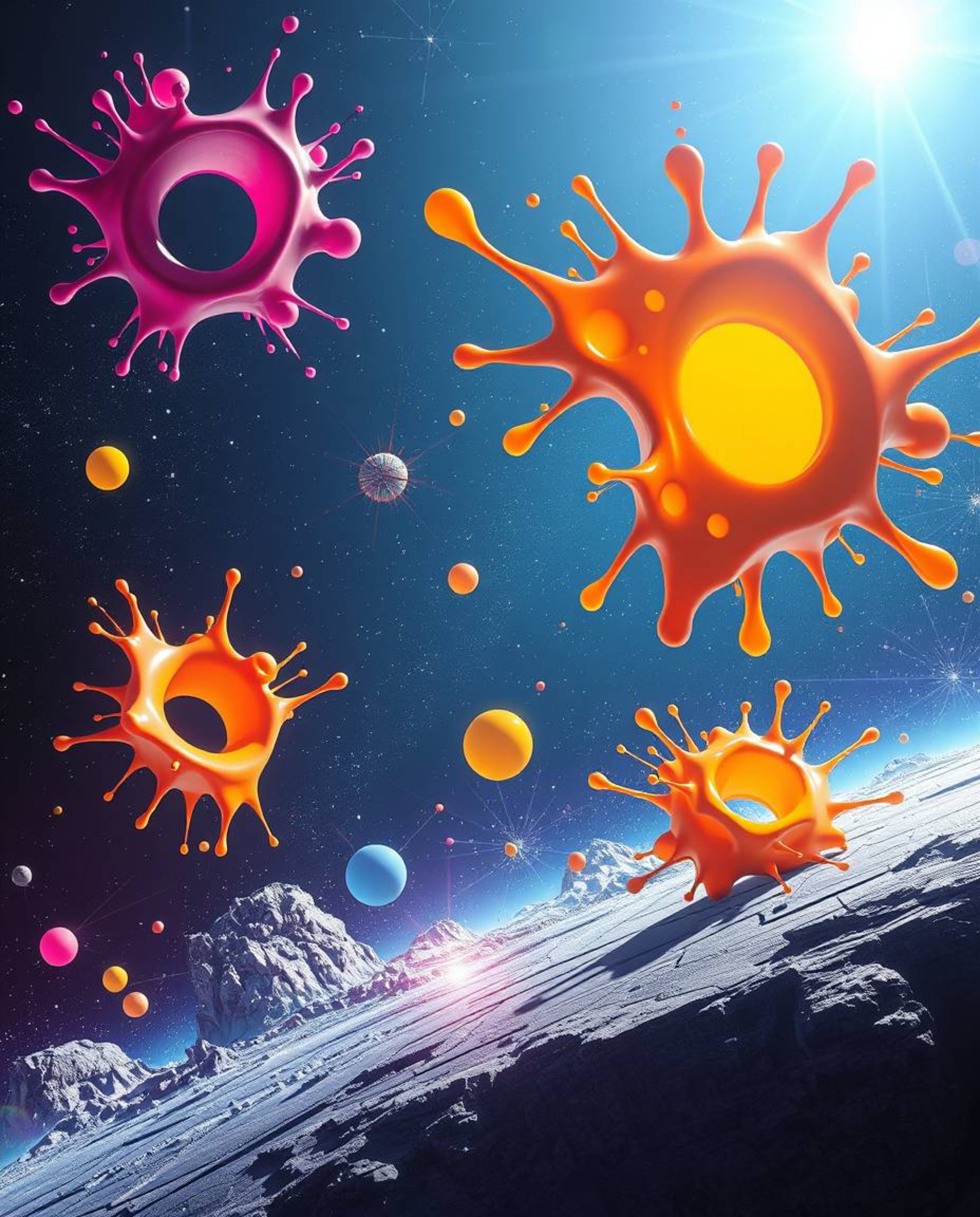 Experience a modern, futuristic scene with abstract 3D colorful splash shapes gracefully floating in the vast expanse of spac