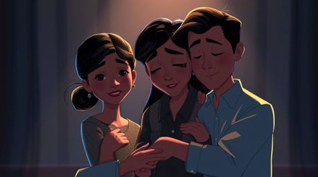 Witness a heartwarming family reunion brought to life in a captivating Pixar-style illustration, characterized by dramatic hi
