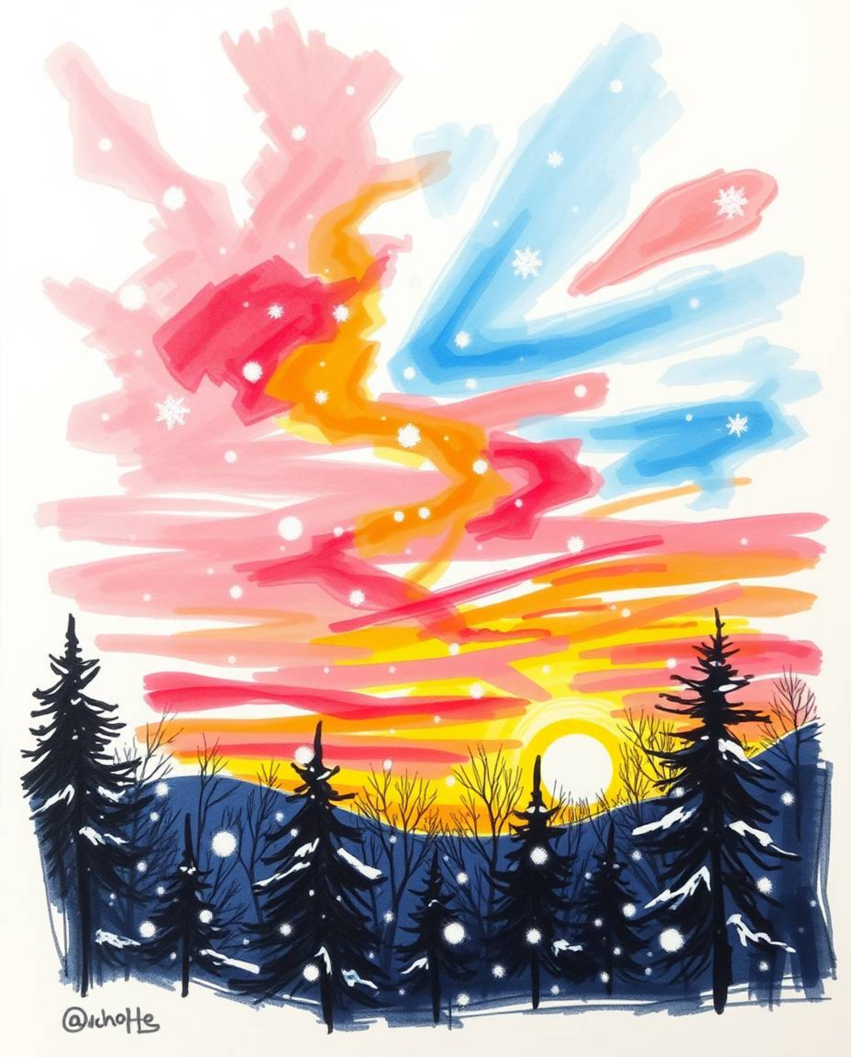 A charming hand-drawn sketch in a color sketchnote style depicts a vibrant sunset with falling snowflakes. The scene is bathe