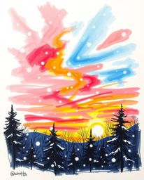 A charming hand-drawn sketch in a color sketchnote style depicts a vibrant sunset with falling snowflakes. The scene is bathe