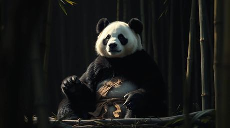A detailed image of a fur-textured panda martial artist meditating serenely within a bamboo forest.  The scene is dramaticall