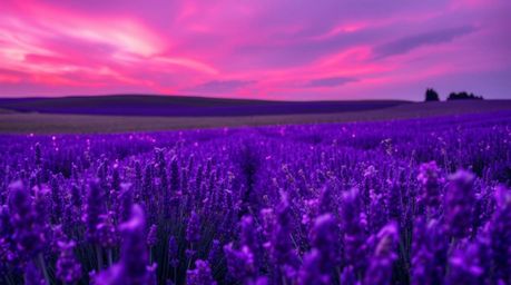 Experience the magic of lavender fields bathed in a dreamy pink sky, illuminated by vibrant, bioluminescent light.  The scene