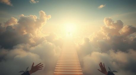 A dreamlike surreal image presents an overhead bird's-eye view, softened by a cinematic haze, depicting radiant steps ascendi