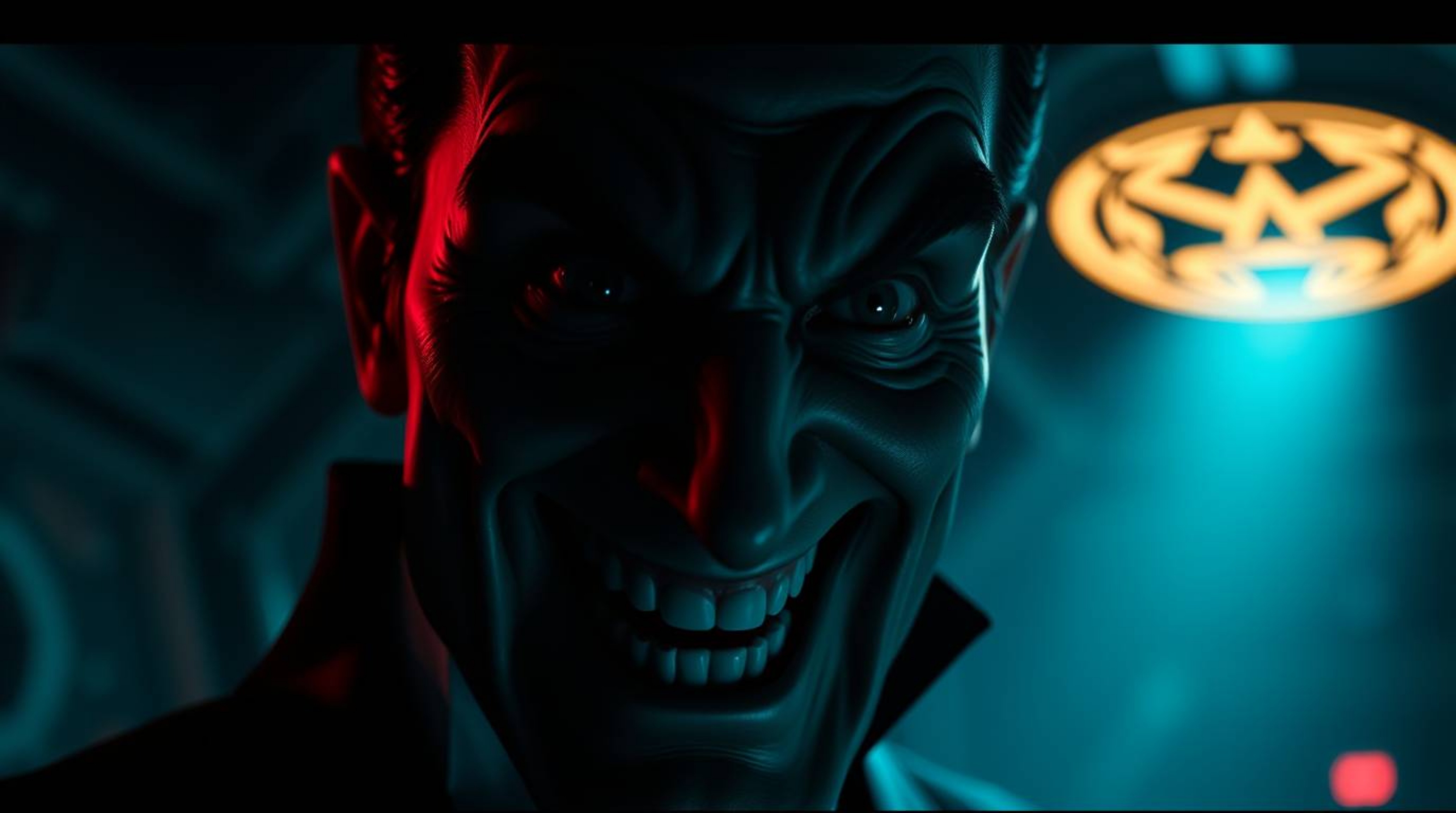 A tight close-up shot featuring chiaroscuro lighting highlights a villain's geometric logo with clean lines, balance, and sym